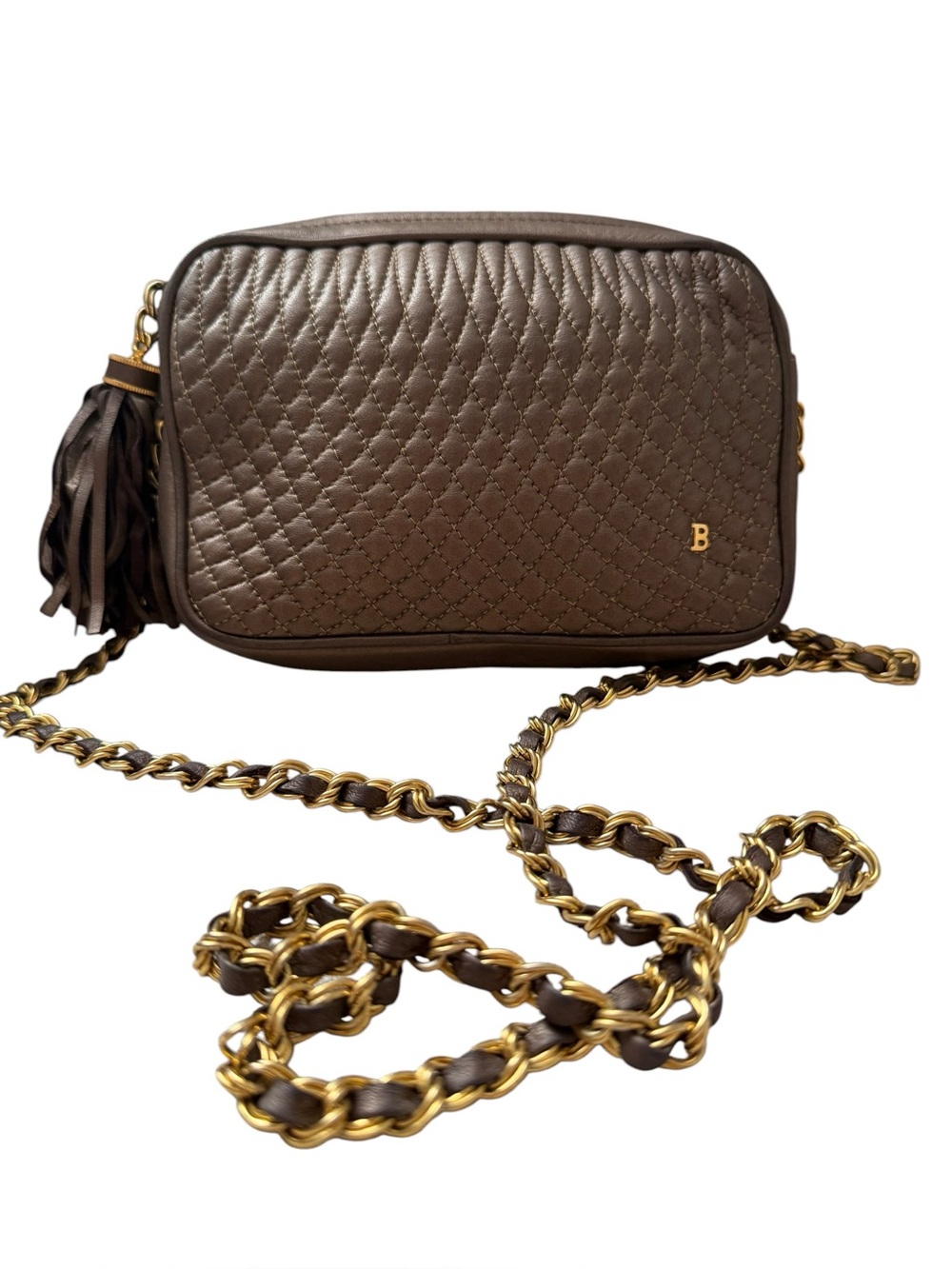 Quilted Brown Leather Crossbody Bag with Gold Chain